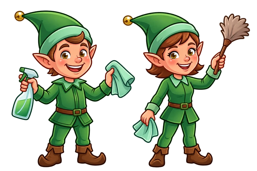 Two cheerful Cleaning Elves with cloths, a spray bottle and a feather duster.